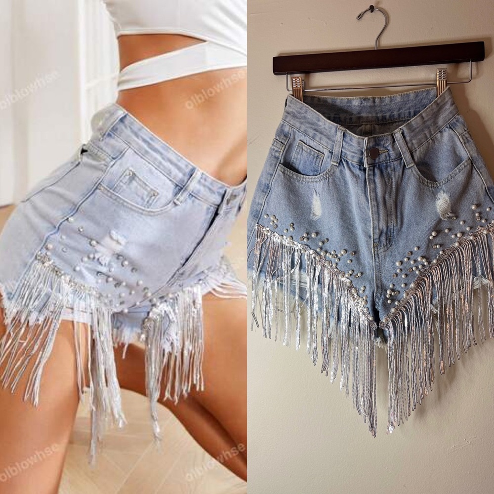 Pearl Embellished Denim Fringe Shorts Country concert festival size XS